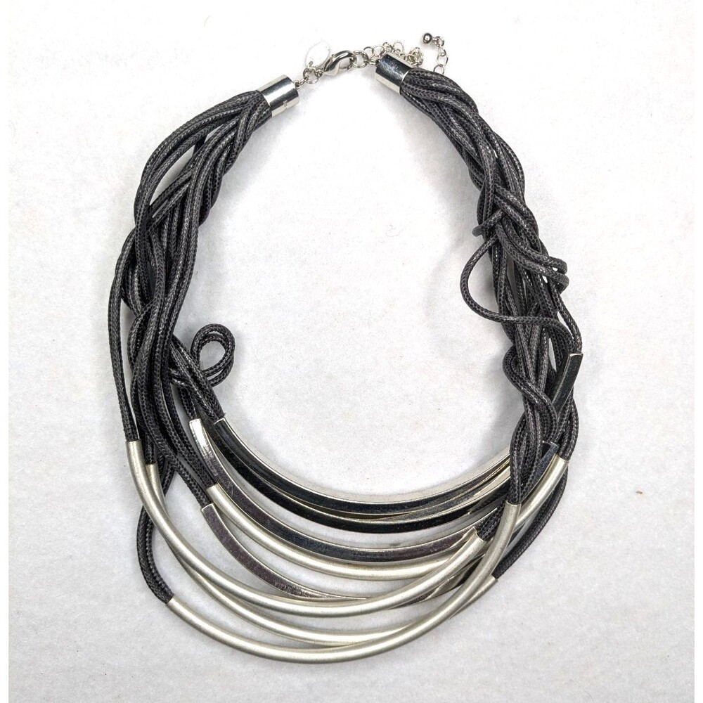Signed Lia Sophia Multi Strand Black Waxed Chord Two Tone Statement Necklace